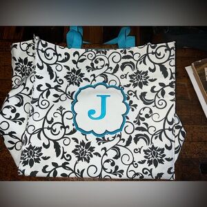 Chic Black and White Monogram “ J “ Tote with Blue Accent
